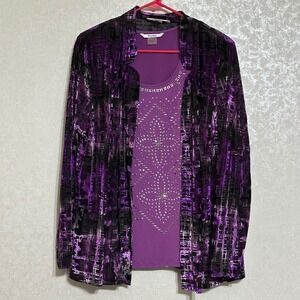 TAN JAY Purple Black Burnout Velvet‎ Open Front Cardigan & Studded Tank Top Sz L